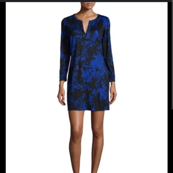 Diane von Furstenberg Black with Blue Flowers Silk Mini Dress Sz 4 - Picture 2 of 16